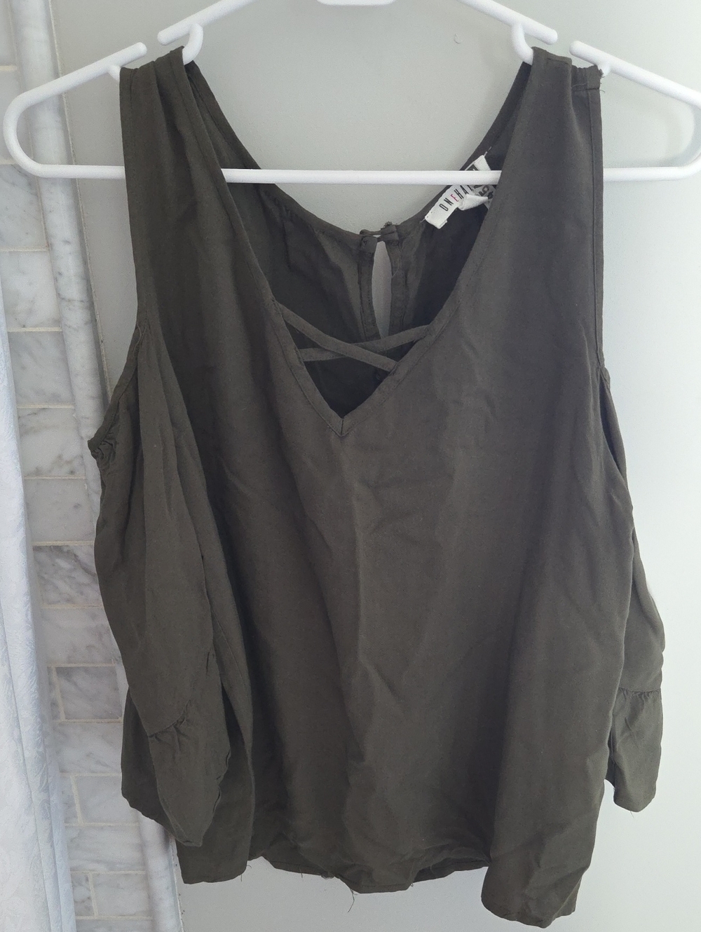 Cold-Shoulder V-Neck Tank Top in Olive - Unbranded